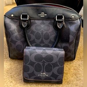 DENIM SIGNATURE MINI BENNETT SATCHEL W/ RED INTERIOR & MATCHING WALLET